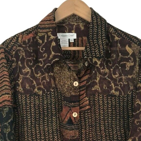 Coldwater Creek L Tribal Print Button Down Shirt Tribal Print Long Sleeve Beaded - Picture 4 of 11